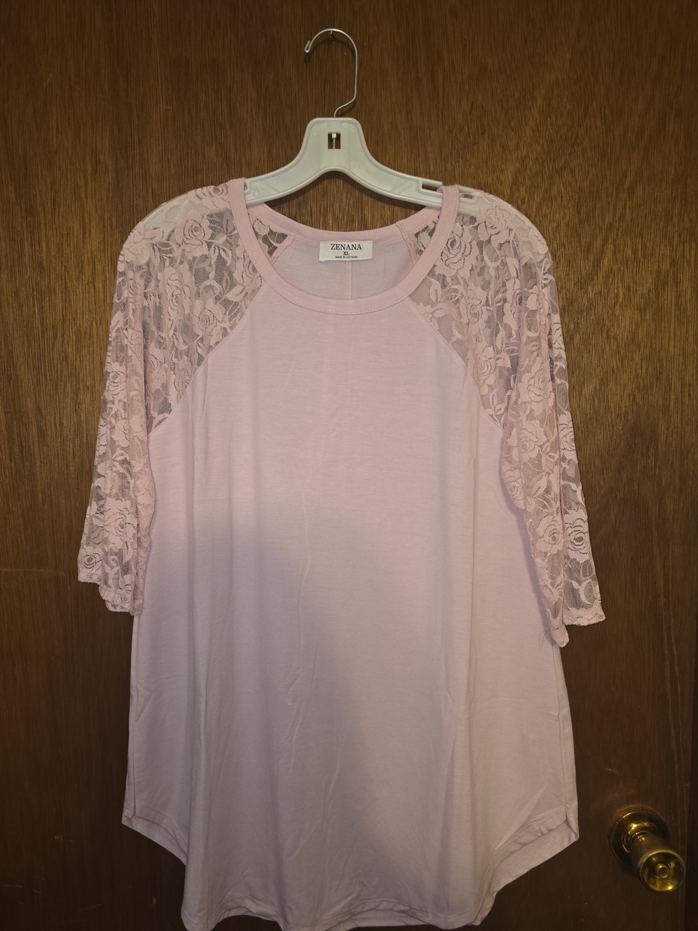 Zenana Outfitters Light Pink Lace Sleeve Raglan Top